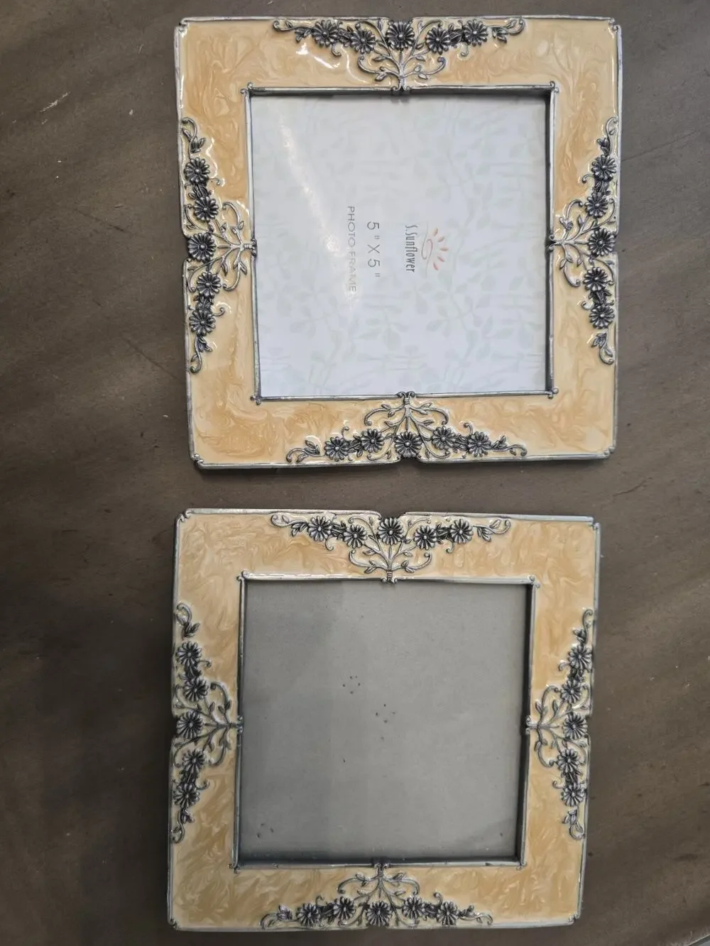 Set Of 2 Ivory Swirl Enamel Metal Flower Picture Frames – Holds 5